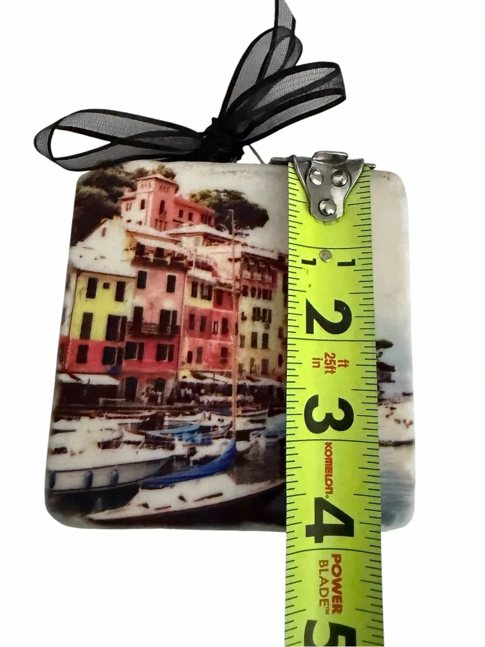 MollyCoddle Tumbled Marble Coaster Cork Back Italy Harbor Scene Ribbon